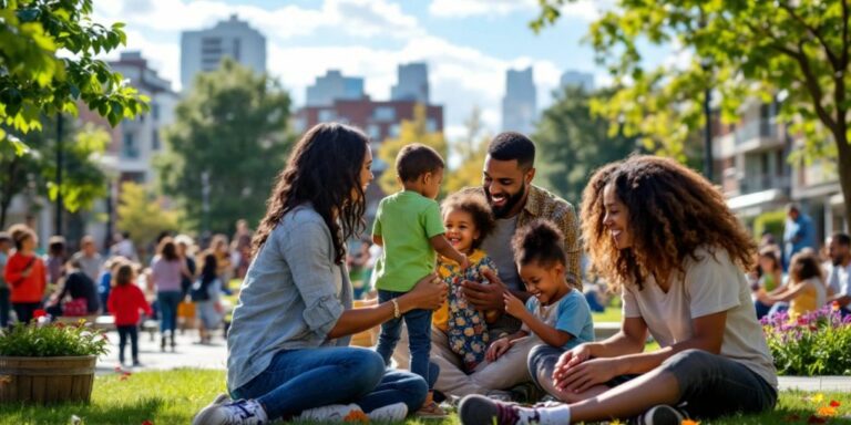 Familias diversas disfrutando juntas de un parque comunitario.