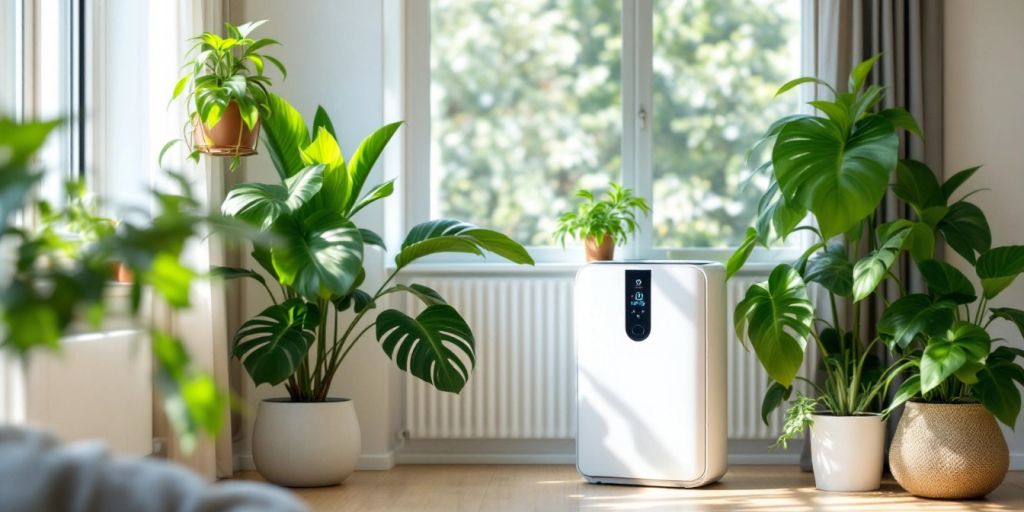 Bright living room with plants and an air purifier.