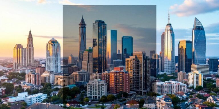 City skyline with modern buildings and residential areas.