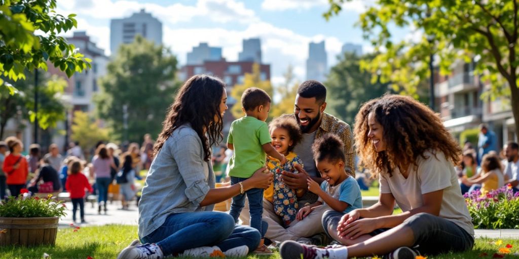 Diverse families enjoying a community park together.