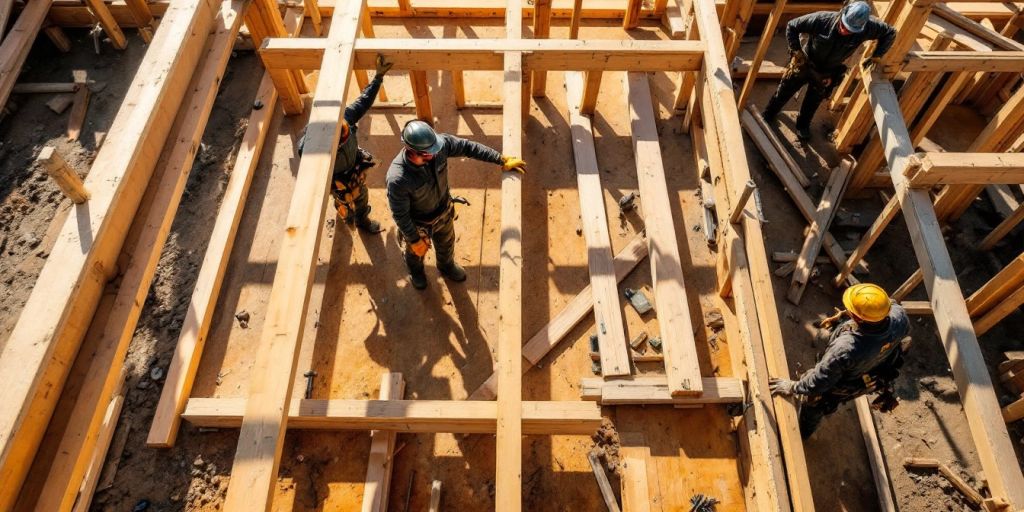 Carpenters framing a building with wood and tools.