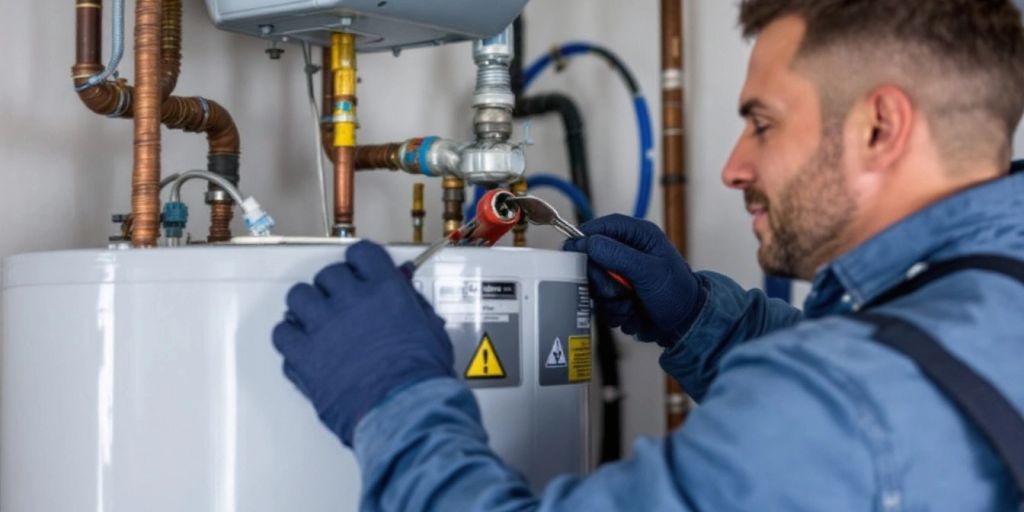 Técnico reparando un calentador de agua con herramientas en mano.