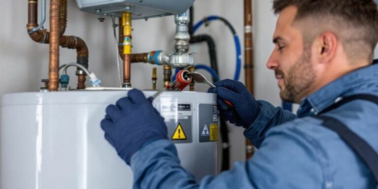 Technician repairing a water heater with tools in hand.