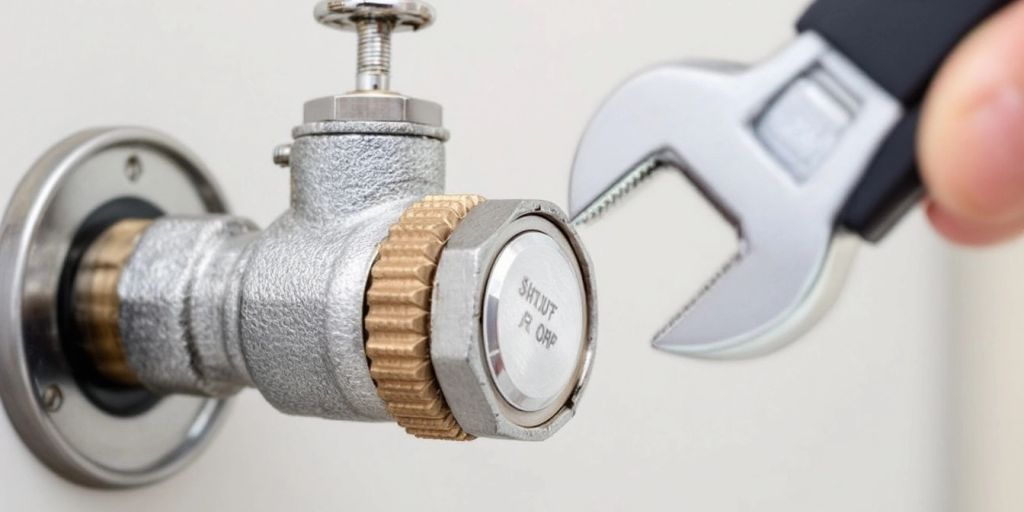 Close-up of a gas shut-off valve and wrench.