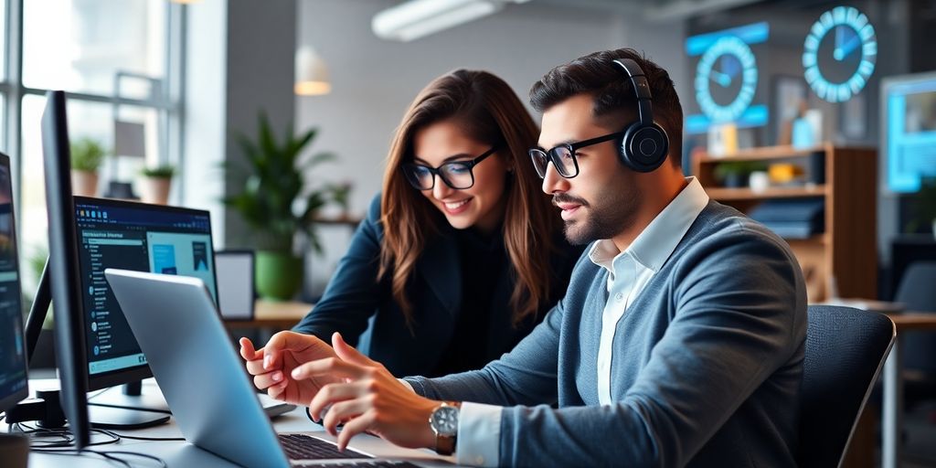 Business owner with technology in a modern office environment.