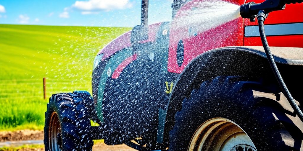 Pressure washer cleaning a tractor in a farm setting.