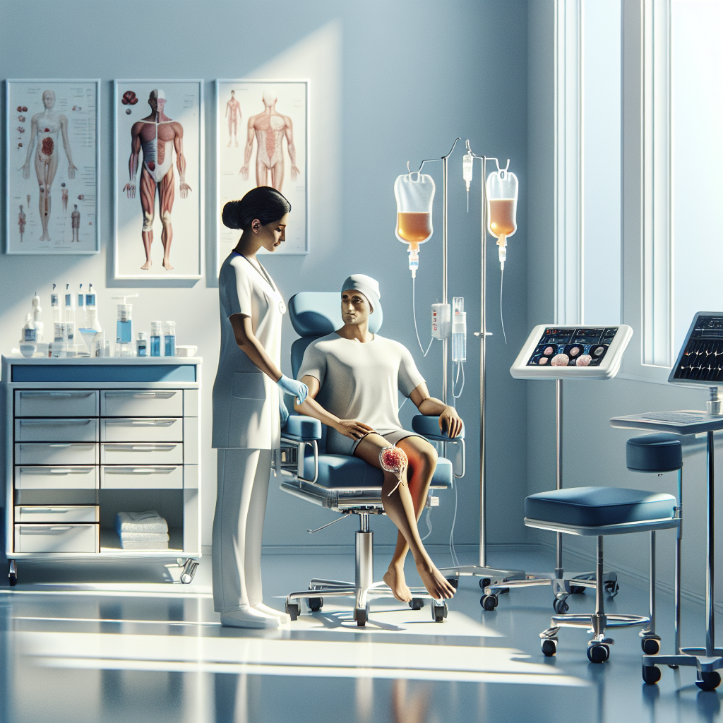A visual representation of stem cell therapy, showing stem cells and growth factors being injected into a joint, highlighting the natural healing process.