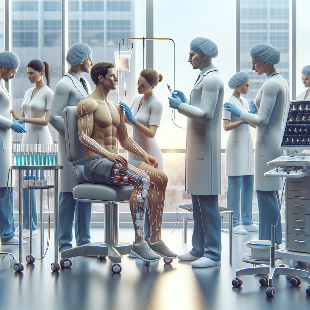 Visual representation of the treatment process at Beyond Stem Cells Medical Spa, including consultation, lab preparation of PRP and growth factors, and ultrasound-guided injection into joints.