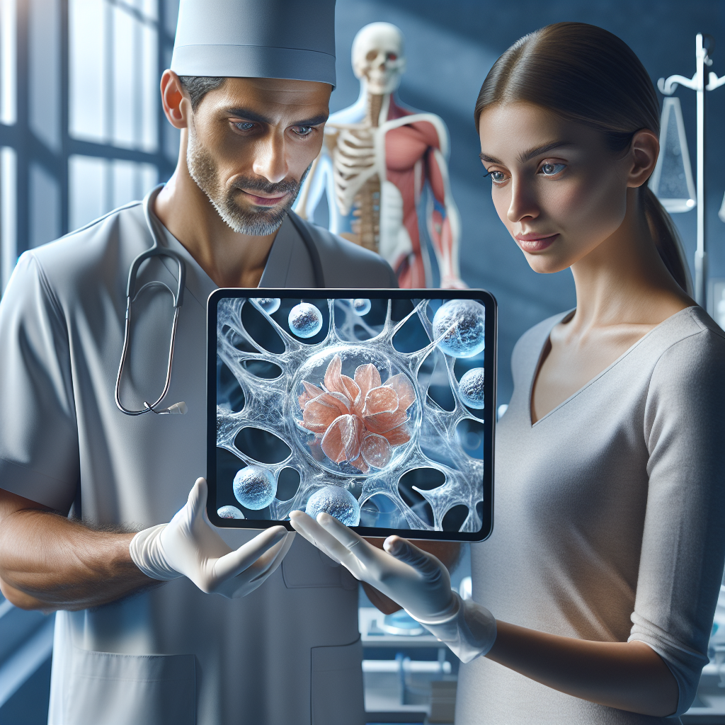 Illustration of stem cells and growth factor therapies repairing and regenerating joint tissues, showing cells transforming and healing damaged joints.
